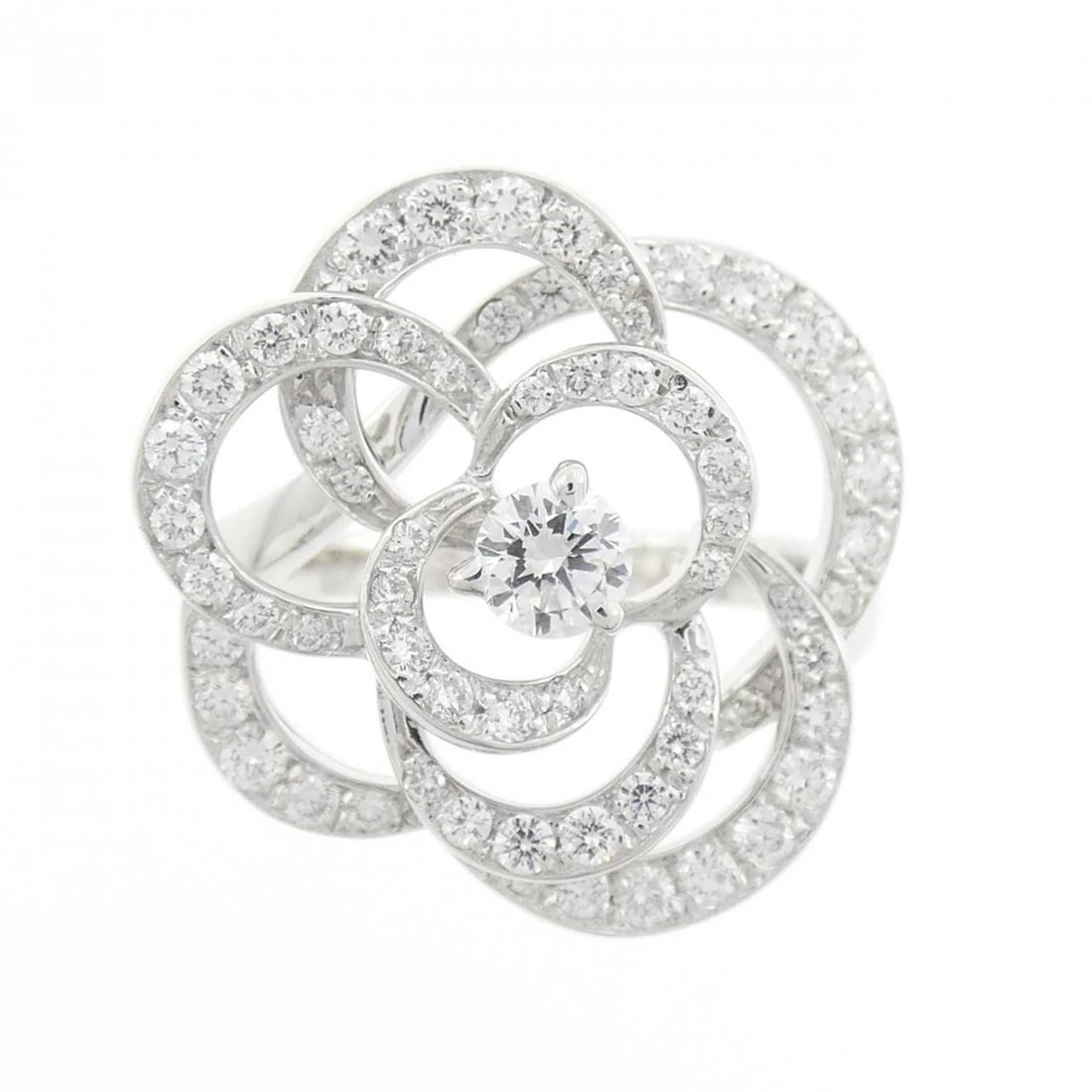 CHANEL CAMELLIA MEDIUM RING: Chanel Camellia Medium Ring Brand: CHANEL Type/Style: Chanel Ring Material: 750 white gold, Main Stone/Creation Natural Color: White Gold Size: US5 3/4(51) Accessories: None Accessories Notice: When