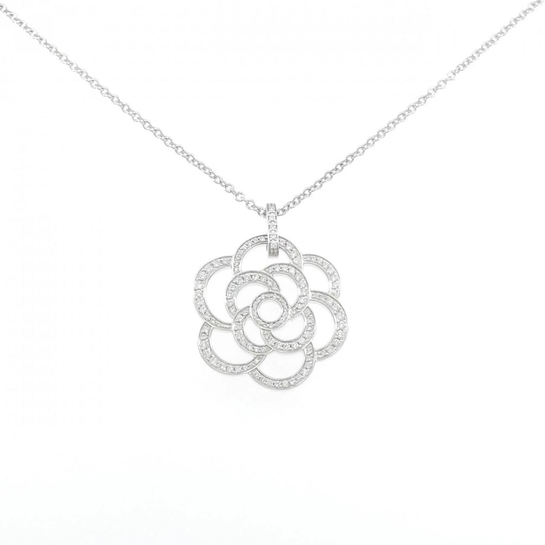 CHANEL CAMELLIA MEDIUM NECKLACE: Chanel Camellia Medium Necklace Brand: CHANEL Type/Style: Chanel Necklace Material: 750 white gold, Main Stone/Creation Natural Color: White Gold Size: Actual Size Pendant length approx. x width appro