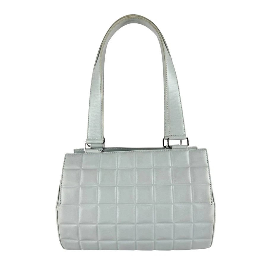 CHANEL CHOCOLATE BAR SHOULDER BAG: CHANEL Chocolate Bar Shoulder Bag Brand: CHANEL Type/Style: Shoulder Bag Material: Leather Color: Light Blue Size: Size [inch] W:8.7inx H:5.5inx D:5.1in Handle Length:18.1in Size [cm] W:22cmx H:14cmx 