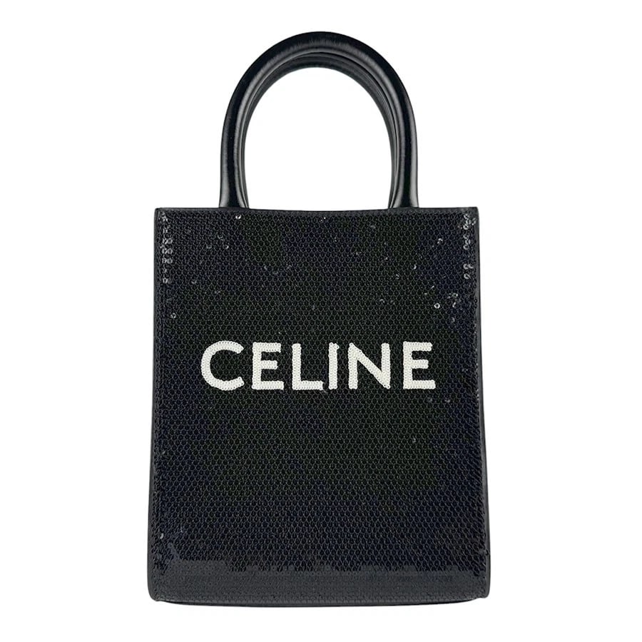 CELINE MINI VERTICAL CABAS SHOULDER BAG HANDBAG: CELINE Mini Vertical Cabas Shoulder Bag Handbag Brand: CELINE Type/Style: Shoulder Bag Material: Sequin x Leather Color: Black Size: Size [inch] W:6.7inx H:8.3inx D:1.6in Handle Length:9.8in Size