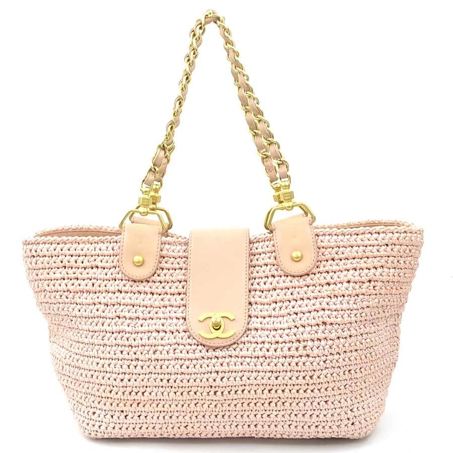 CHANEL SHOULDER BAG TOTE BAG PINK BEIGE/GOLD: CHANEL Shoulder Bag Tote Bag Pink Beige/Gold Brand: CHANEL Type/Style: Shoulder Bag Material: Raffia/Leather Color: Pink Beige Size: Size [inch] (Bottom)W:11.0inx H:8.3inx D:5.5in Size [cm]