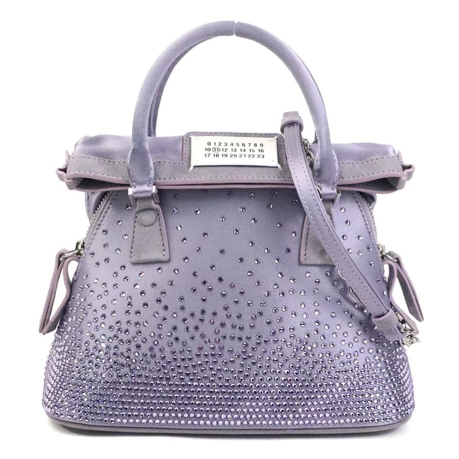 MAISON MARGIELA 5AC MICRO HANDBAG SHOULDER BAG: Maison Margiela 5AC Micro Handbag Shoulder Bag Brand: Maison Margiela Type/Style: Handbag Material: Satin x Rhinestone Color: Purple Size: Size [inch] W:8.7inx H:7.1inx D:3.9in Handle Length:11.0in Si