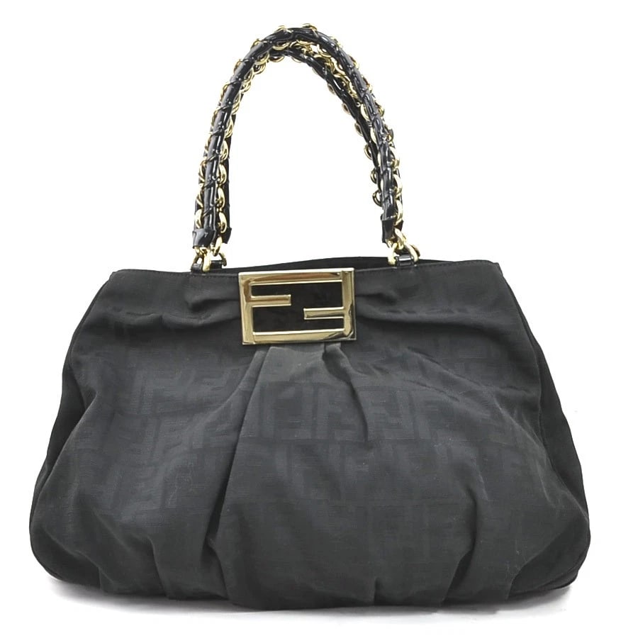 FENDI ZUCCA MIA SHOULDER BAG BLACK NYLON: FENDI Zucca Mia Shoulder Bag Black Nylon Brand: FENDI Type/Style: Shoulder Bag Material: Nylon Canvas/Patent Leather Color: Black Size: Size [inch] (Bottom)W:17.3inx H:13.4inx D:5.1in Handle drop:6.7i