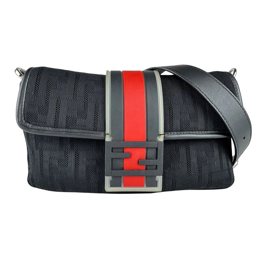 FENDI BAGUETTE WAIST BAG SHOULDER BAG: FENDI Baguette Waist Bag Shoulder Bag Brand: FENDI Type/Style: Shoulder Bag Material: Fabric x Rubber Color: Black / Red Size: Size [inch] W:9.4inx H:5.9inx D:1.6in Size [cm] W:24cmx H:15cmx D:4cm