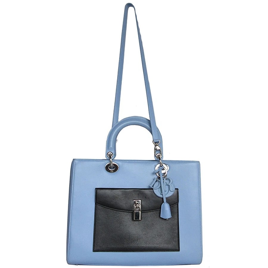 CHRISTIAN DIOR DIORISSIMO HANDBAG LIGHT BLUE: Christian Dior Diorissimo Handbag Light blue Brand: Christian Dior Type/Style: Handbag Material: Leather Color: Light Blue X Black X White Size: Size [inch] W:12.6inx H:9.8inx D:4.7in Handle Length:9.