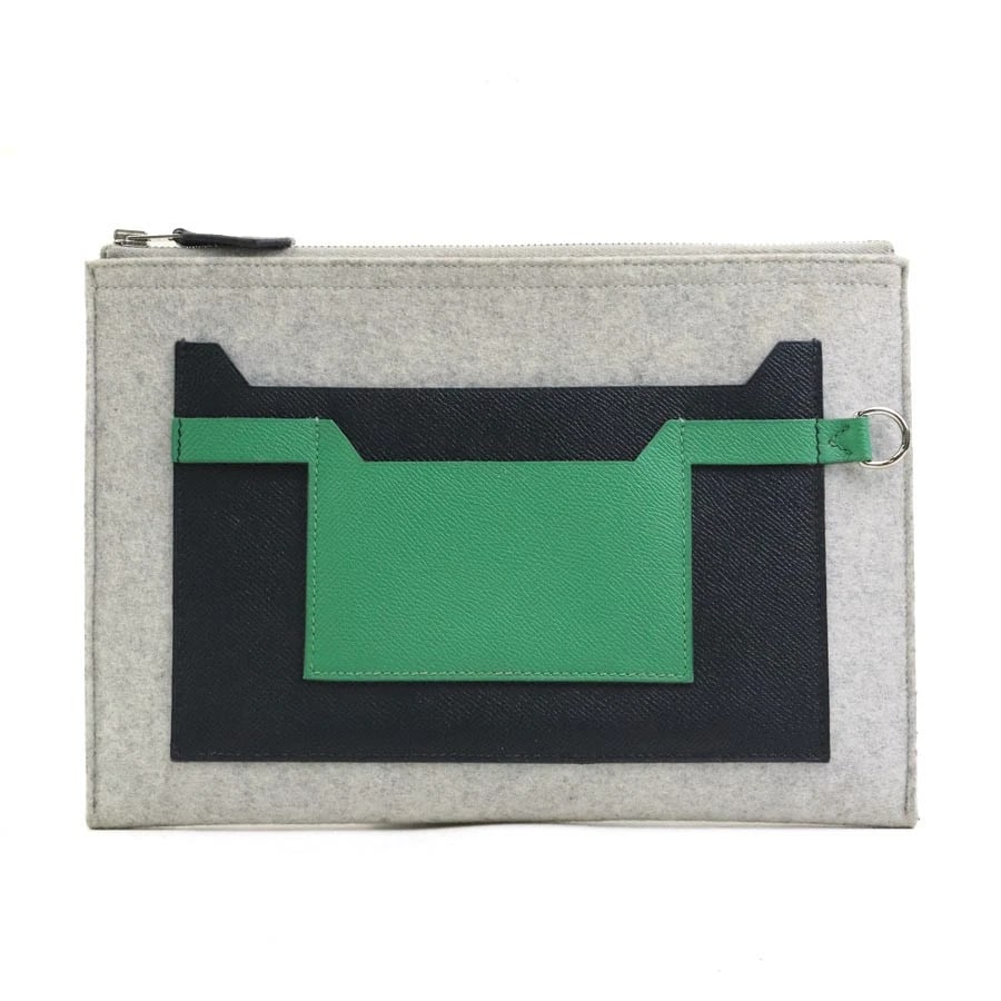 HERMES TOODOO CLUTCH BAG: HERMES Toodoo Clutch Bag Brand: HERMES Type/Style: Clutch bag Material: Felt x Leather Color: Gray / Black / Green Size: Size [inch] W:11.2inx H:7.7in Size [cm] W:28.5cmx H:19.5cm Accessories: None