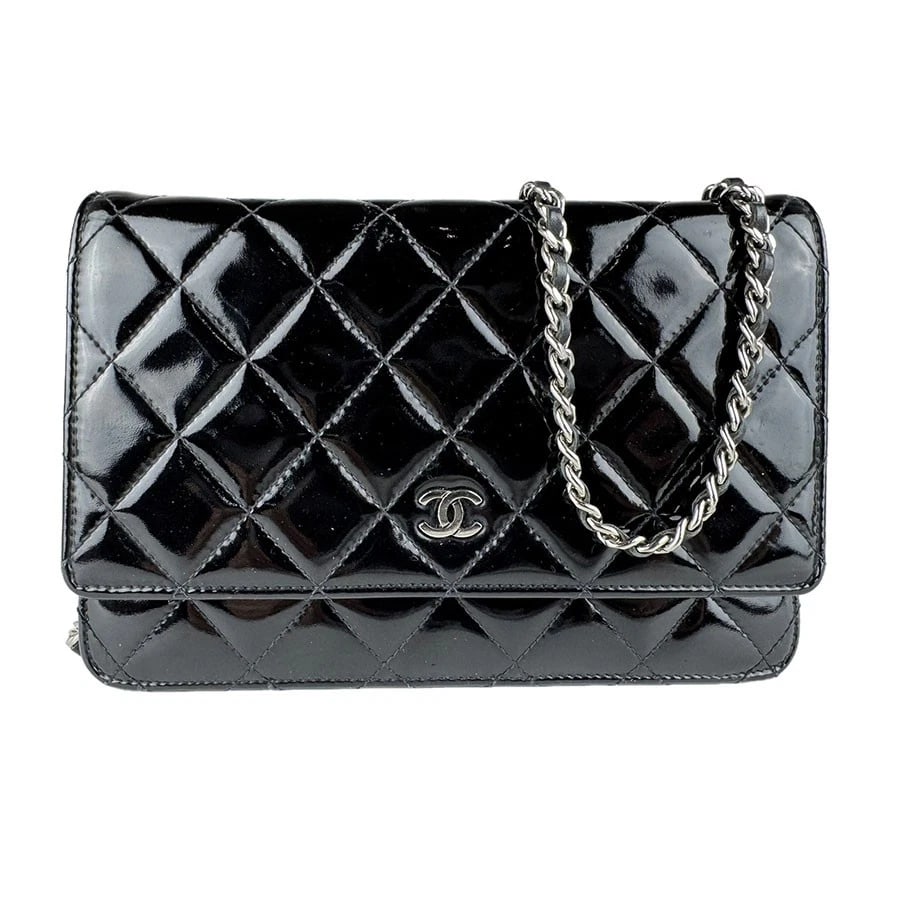 CHANEL MATELASSE WALLET ON CHAIN CROSSBAG BAG: CHANEL Matelasse Wallet on Chain Crossbag Bag Brand: CHANEL Type/Style: Patent Leather Material: Patent Leather Color: Black Size: Size [inch] W:7.5inx H:4.7inx D:1.6in Size [cm] W:19cmx H:12cmx