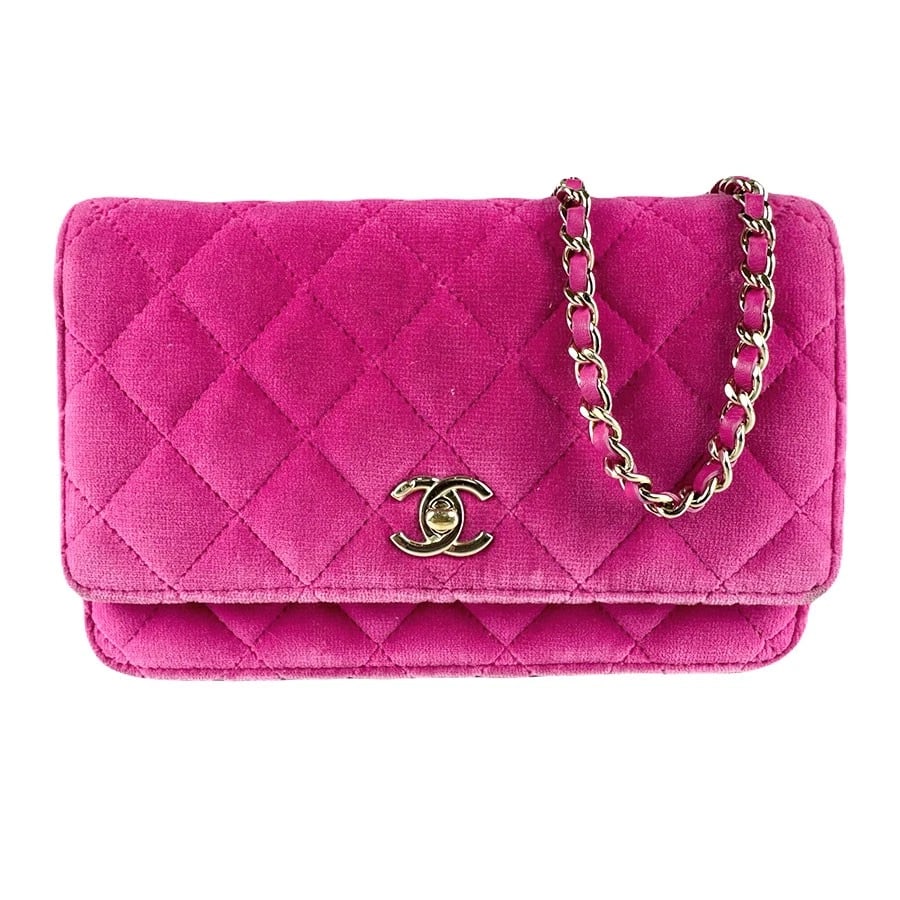 CHANEL WALLET ON CHAIN CROSSBODY BAG: CHANEL Wallet on Chain Crossbody Bag Brand: CHANEL Type/Style: Chain Wallet Material: Velvet Color: Pink Size: Size [inch] W:7.1inx H:5.1inx D:1.6in Size [cm] W:18cmx H:13cmx D:4cm Accessories: No