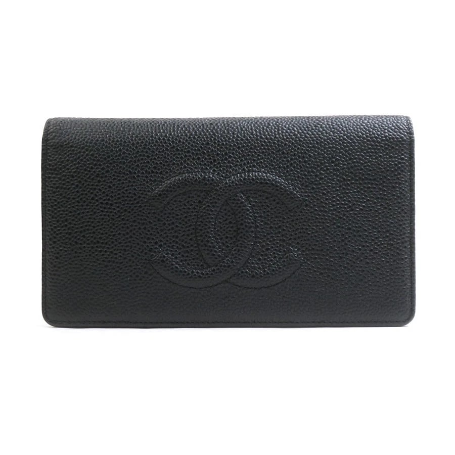 CHANEL CC LOGO BIFOLD LONG WALLET BLACK LEATHER: CHANEL CC Logo Bifold Long Wallet Black Leather Brand: CHANEL Type/Style: Bifold Long Wallet Material: Caviar Skin Leather Color: Black Size: Size [inch] W:7.2inx H:4.1inx D:0.6in Size [cm] W:18.2cmx