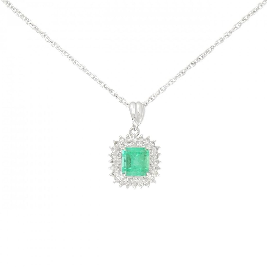PT900/PT850 EMERALD NECKLACE: PT900/PT850 Emerald Necklace Brand: Unbranded Type/Style: Emerald Necklace Material: PT900/PT850, Main Stone/Creation EmeraldSecondary Stone Diamond Color: Silver Size: Actual Size Pendant length appr