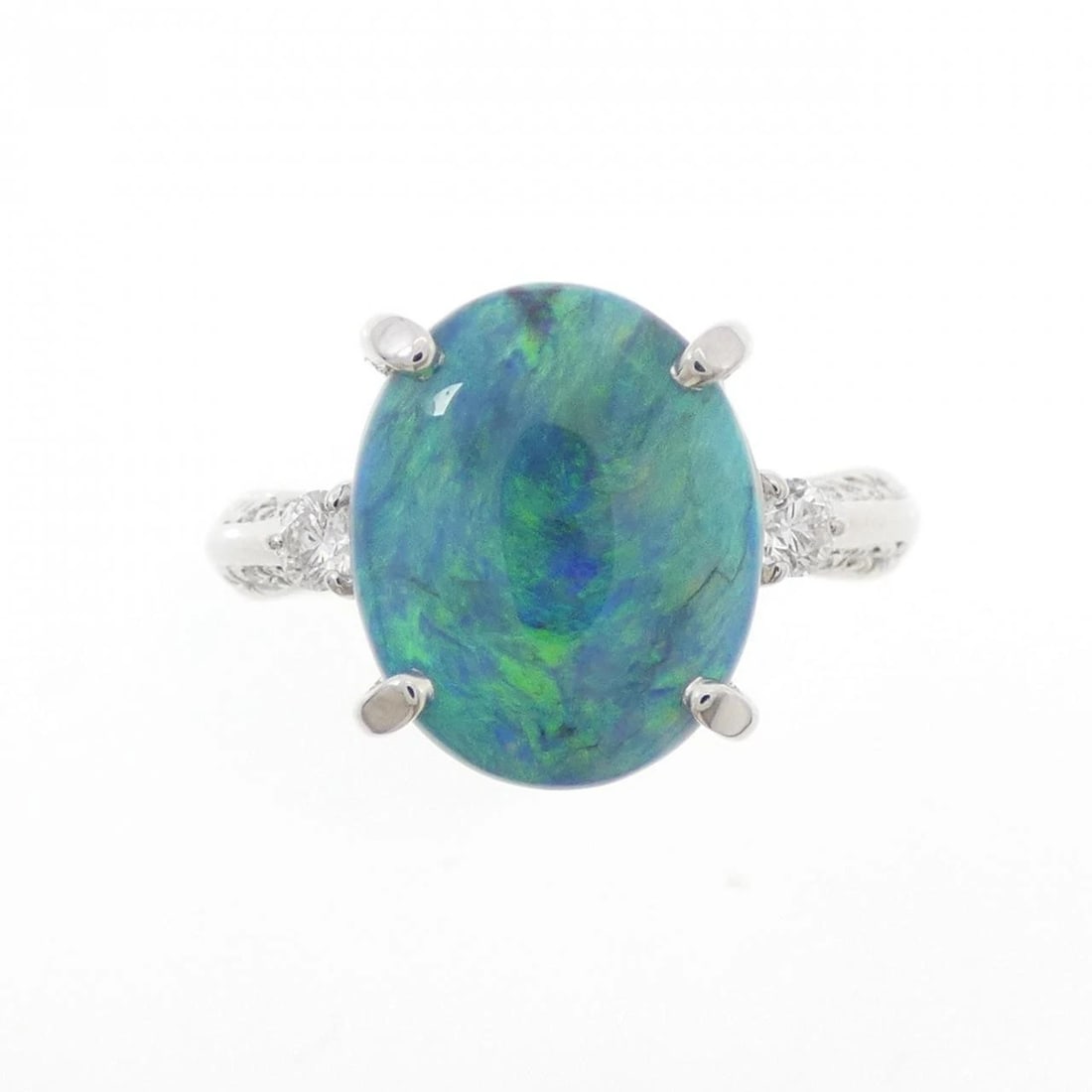 PT900 BLACK OPAL RING: PT900 Black Opal Ring Brand: Unbranded Type/Style: Black Opal Ring Material: PT900, Main Stone/Creation Black OpalSecondary Stone Diamond Color: Silver Size: US 6 1/4 Accessories: None Acc