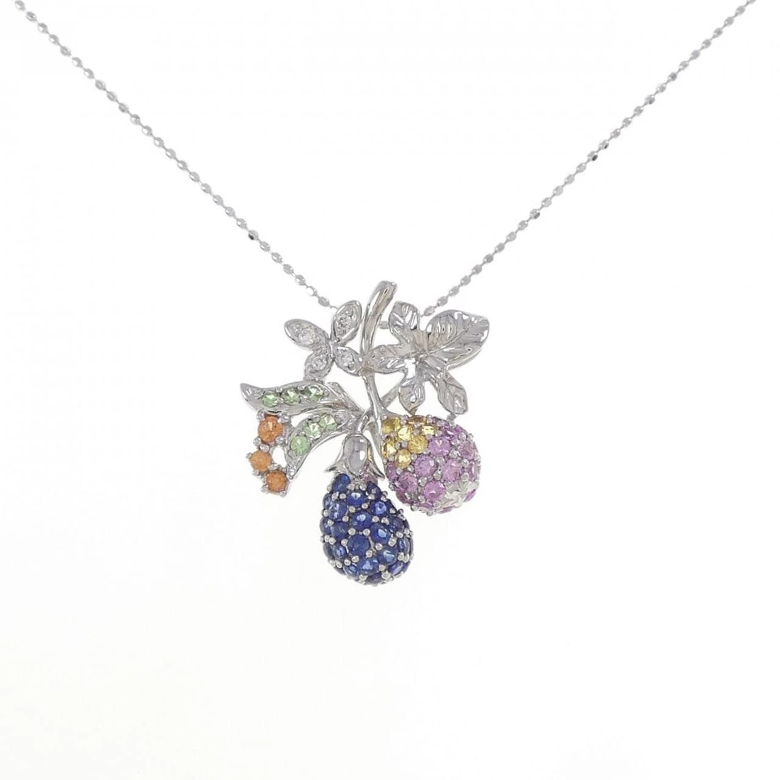 K18WG COLOR STONE NECKLACE: K18WG Color Stone Necklace Brand: Unbranded Type/Style: Sapphire Necklace Material: K18 white gold, Main Stone/Creation Sapphire Secondary Stone Diamond / Garnet Color: White gold Size: Actual Size