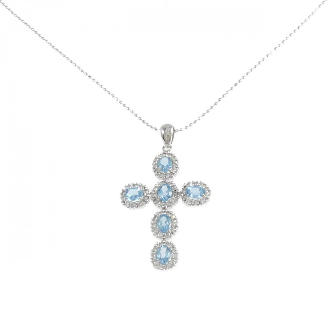 K18WG CROSS BLUE TOPAZ NECKLACE: K18WG Cross Blue Topaz Necklace Brand: Unbranded Type/Style: Blue Topaz Necklace Material: K18WG, Main Stone/Creation BLUE TOPAZ Secondary Stone Diamond Color: WHITE GOLD Size: 40CM Actual Size