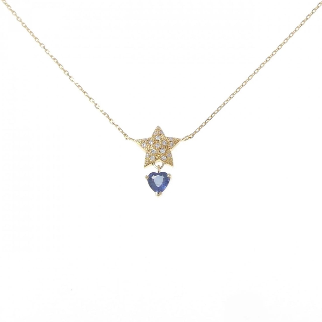 K18YG STAR X HEART SAPPHIRE NECKLACE: K18YG Star x Heart Sapphire Necklace Brand: Unbranded Type/Style: Sapphire Necklace Material: K18YG, Main Stone/Creation Sapphire Secondary Stone Diamond Color: Yellow gold Size: Actual Size Pendant