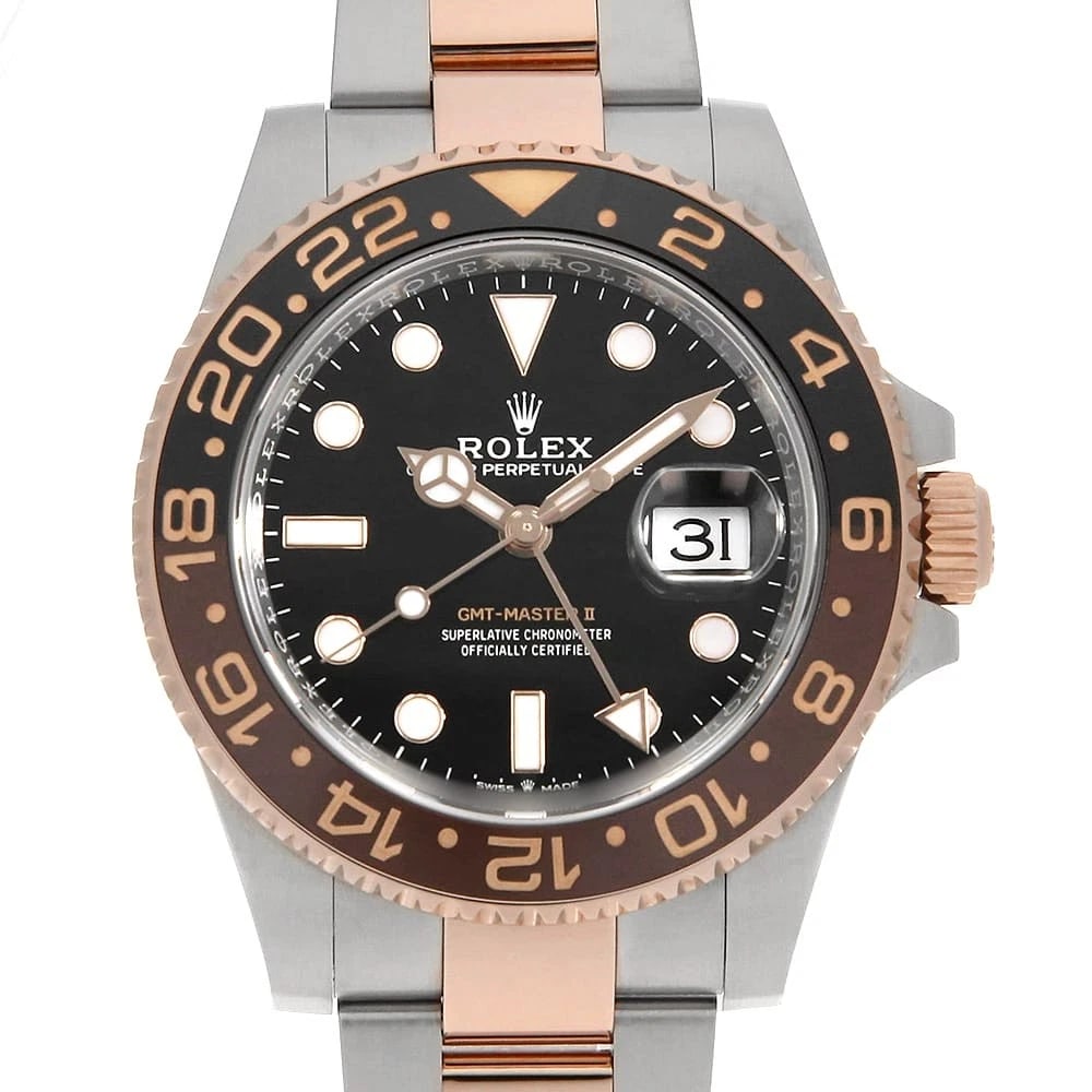 ROLEX GMT MASTER BLACK WATCH: ROLEX GMT Master black Watch Brand: ROLEX Type/Style: Wrist watch Material: Case Material Stainless Steel/Everrose gold Belt Material Stainless Steel/Everose Gold Color: Dial Color Black Size: