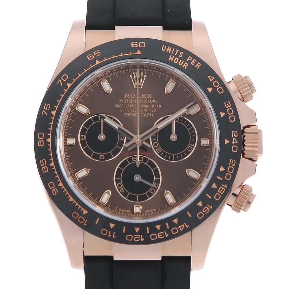 ROLEX COSMOGRAPH DAYTONA CHOCOLATE BROWN BLACK WATCH: ROLEX Cosmograph Daytona Chocolate brown black Watch Brand: ROLEX Type/Style: Wrist watch Material: Case Material Everrose gold Belt Material rubber Color: Dial Color Chocolate Brown Size: Case:W40mm