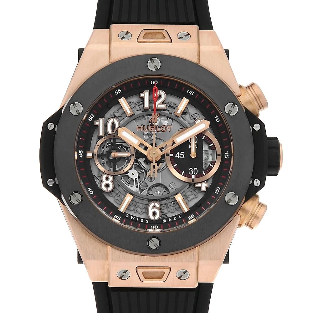 HUBLOT BIG BANG UNICO GOLD CERAMIC WATCH: HUBLOT Big Bang Unico Gold Ceramic Watch Brand: HUBLOT Type/Style: Wrist watch Material: Case Material King gold/ceramic Belt Material rubber Color: Dial Color Skeleton Size: Case:W45mm Accessories: