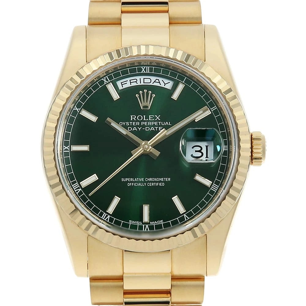 ROLEX DATE GREEN WATCH: ROLEX date green Watch Brand: ROLEX Type/Style: Wrist watch Material: Case Material Yellow Gold Belt Material Yellow Gold Color: Dial Color Green Size: Case:W36mm Circumference of Wrist:18.5cm