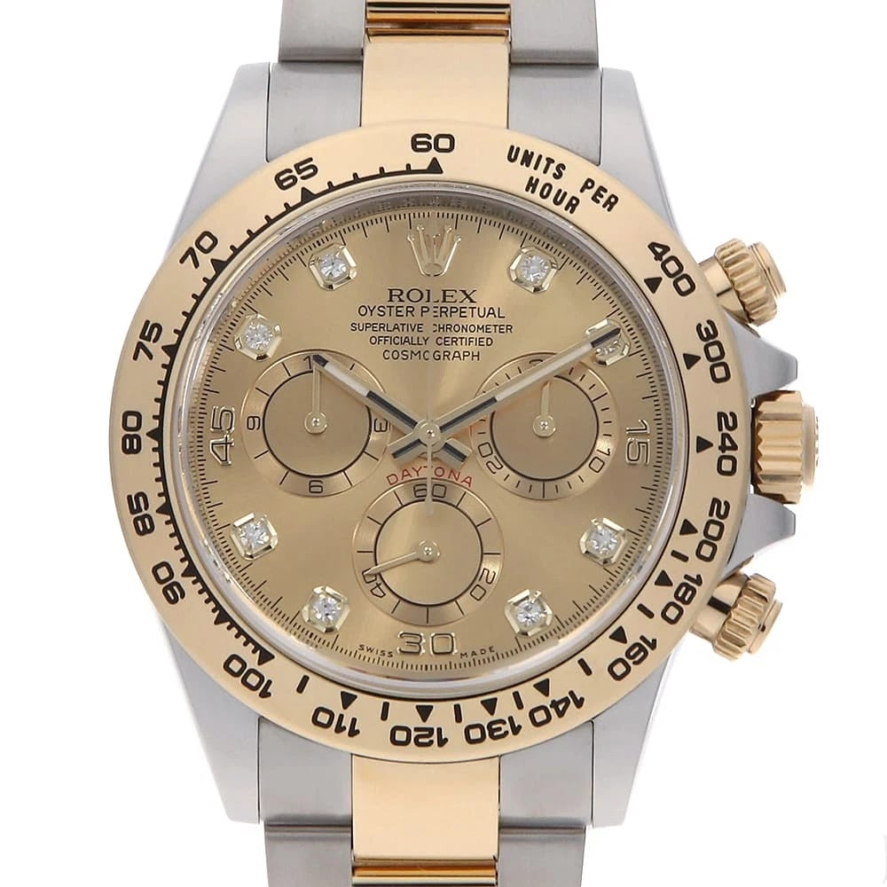 ROLEX COSMOGRAPH DAYTONA DIAMOND CHAMPAGNE WATCH: ROLEX Cosmograph Daytona diamond Champagne Watch Brand: ROLEX Type/Style: Wrist watch Material: Case Material Stainless Steel/Yellow Gold Belt Material Stainless Steel/Yellow Gold Color: Dial Color