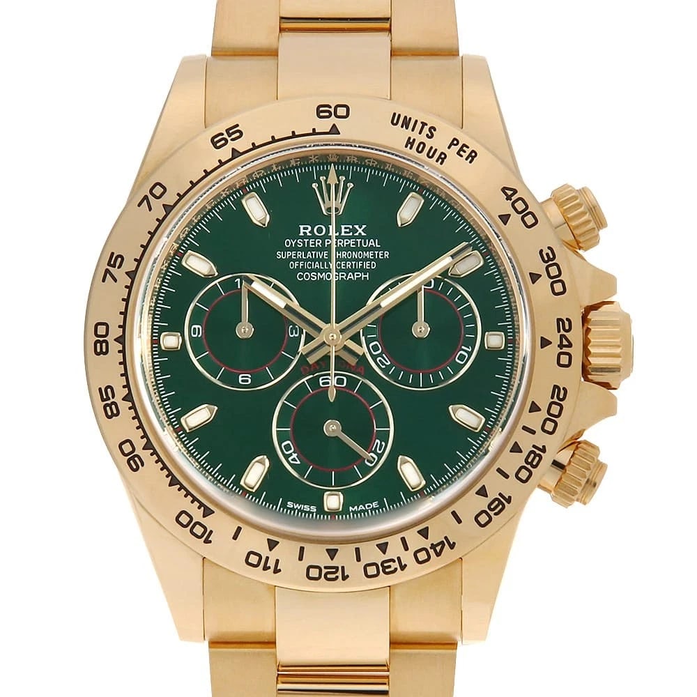 ROLEX COSMOGRAPH DAYTONA GREEN WATCH: ROLEX Cosmograph Daytona green Watch Brand: ROLEX Type/Style: Wrist watch Material: Case Material Yellow Gold Belt Material Yellow Gold Color: Dial Color Green Size: Case:W40mm Circumference of