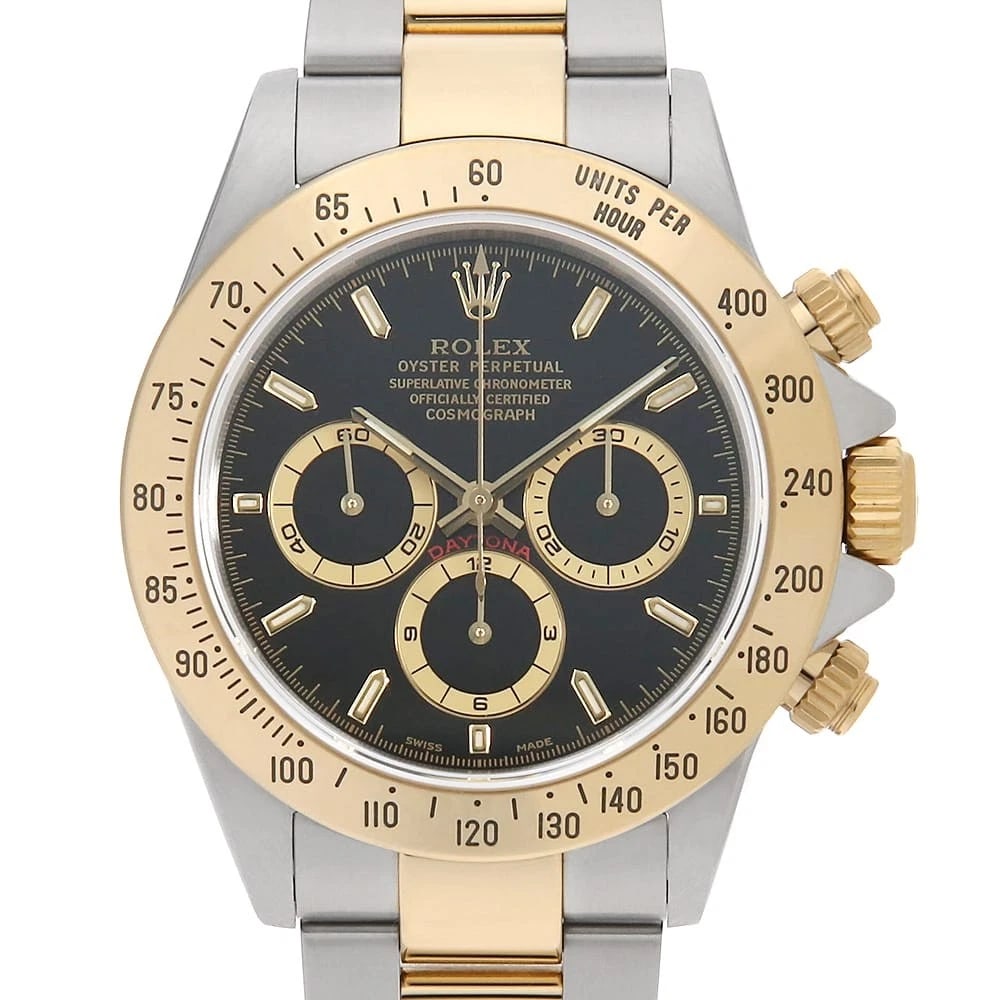 ROLEX COSMOGRAPH DAYTONA BLACK WATCH: ROLEX Cosmograph Daytona black Watch Brand: ROLEX Type/Style: Wrist watch Material: Case Material Stainless Steel/Yellow Gold Belt Material Stainless Steel/Yellow Gold Color: Dial Color Black Size: