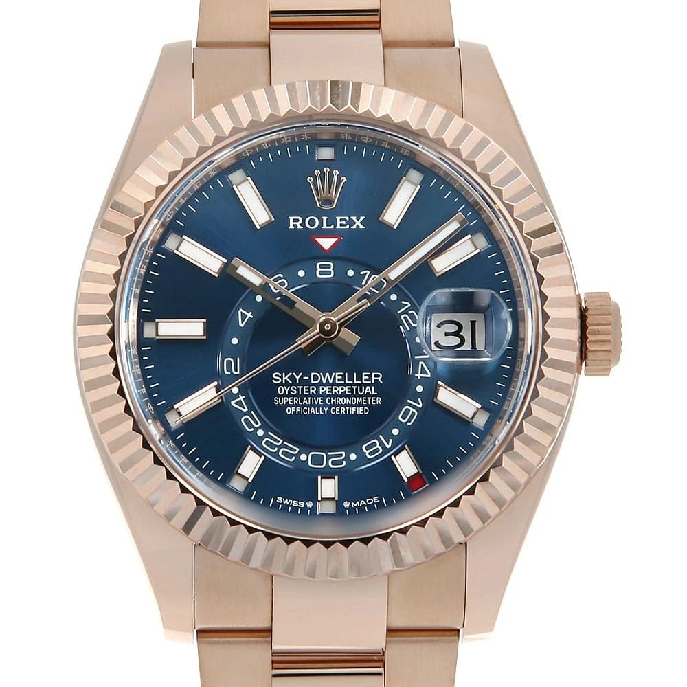 ROLEX SKY DWELLER BLUE GREEN OYSTER WATCH: ROLEX SKY DWELLER Blue green oyster Watch Brand: ROLEX Type/Style: Wrist watch Material: Case Material Everrose gold Belt Material Everrose gold Color: Dial Color Blue Green Size: Case:W42mm Circumfer