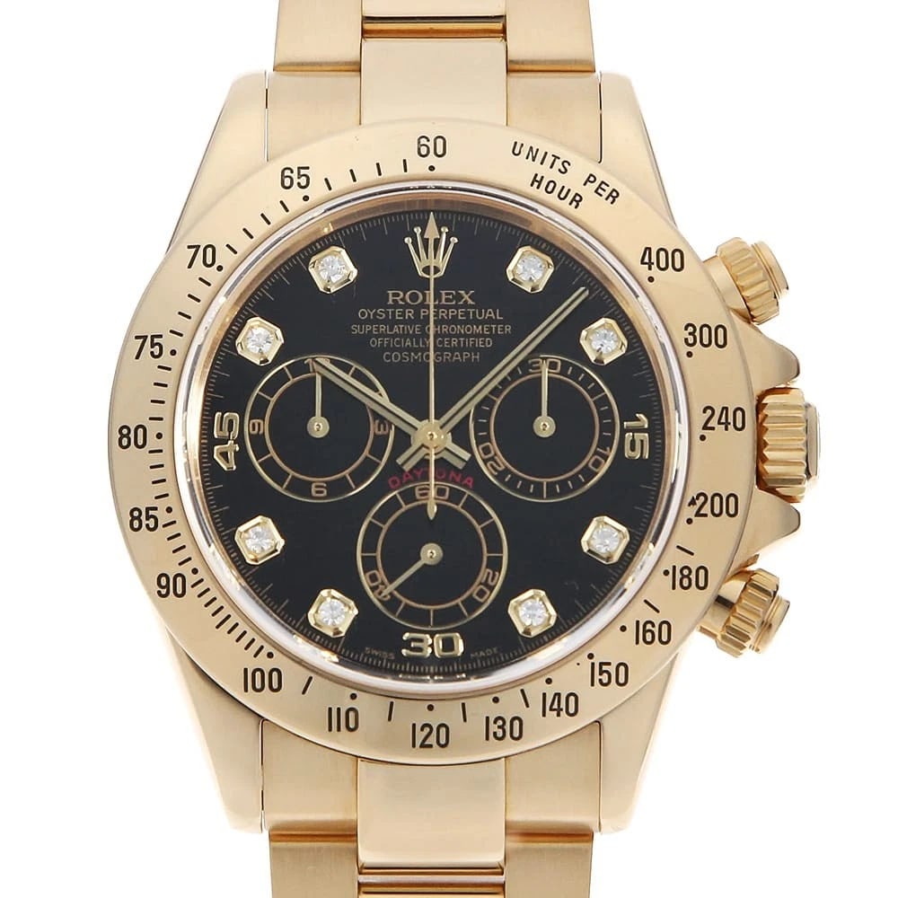 ROLEX COSMOGRAPH DAYTONA DIAMOND BLACK WATCH: ROLEX Cosmograph Daytona diamond black Watch Brand: ROLEX Type/Style: Wrist watch Material: Case Material Yellow Gold Belt Material Yellow Gold Color: Dial Color Black Size: Case:W40mm Circumference