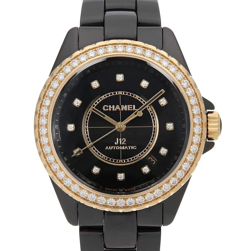 CHANEL J12 DIAMOND BEZEL WATCH: CHANEL J12 Diamond Bezel Watch Brand: CHANEL Type/Style: Wrist watch Material: Case Material ceramic/Yellow Gold Belt Material ceramic Color: Dial Color Black Size: Case:W38mm Circumference of