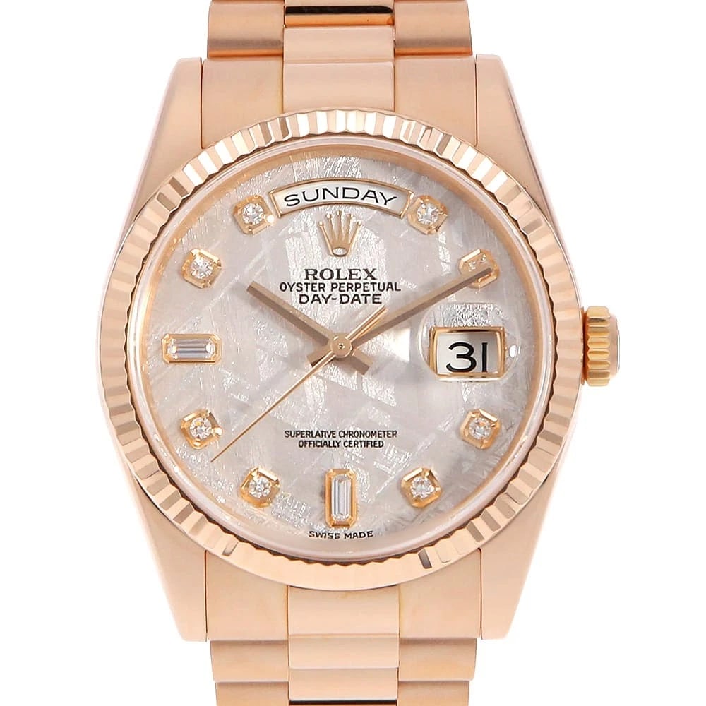 ROLEX DATE DIAMOND BAGUETTE WATCH: ROLEX Date Diamond Baguette Watch Brand: ROLEX Type/Style: Wrist watch Material: Case Material Everrose gold Belt Material Everrose gold Color: Dial Color Meteorite Size: Case:W36mm Circumference of