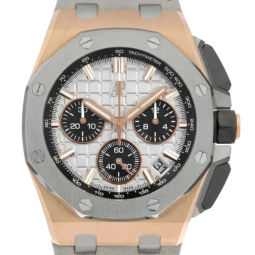AUDEMARS PIGUET ROYAL OAK CHRONOGRAPH WATCH: AUDEMARS PIGUET Royal Oak Chronograph Watch Brand: AUDEMARS PIGUET Type/Style: Wrist watch Material: Case Material Pink gold/titanium Belt Material Calfskin Color: Dial Color Gray and Black Size: Case