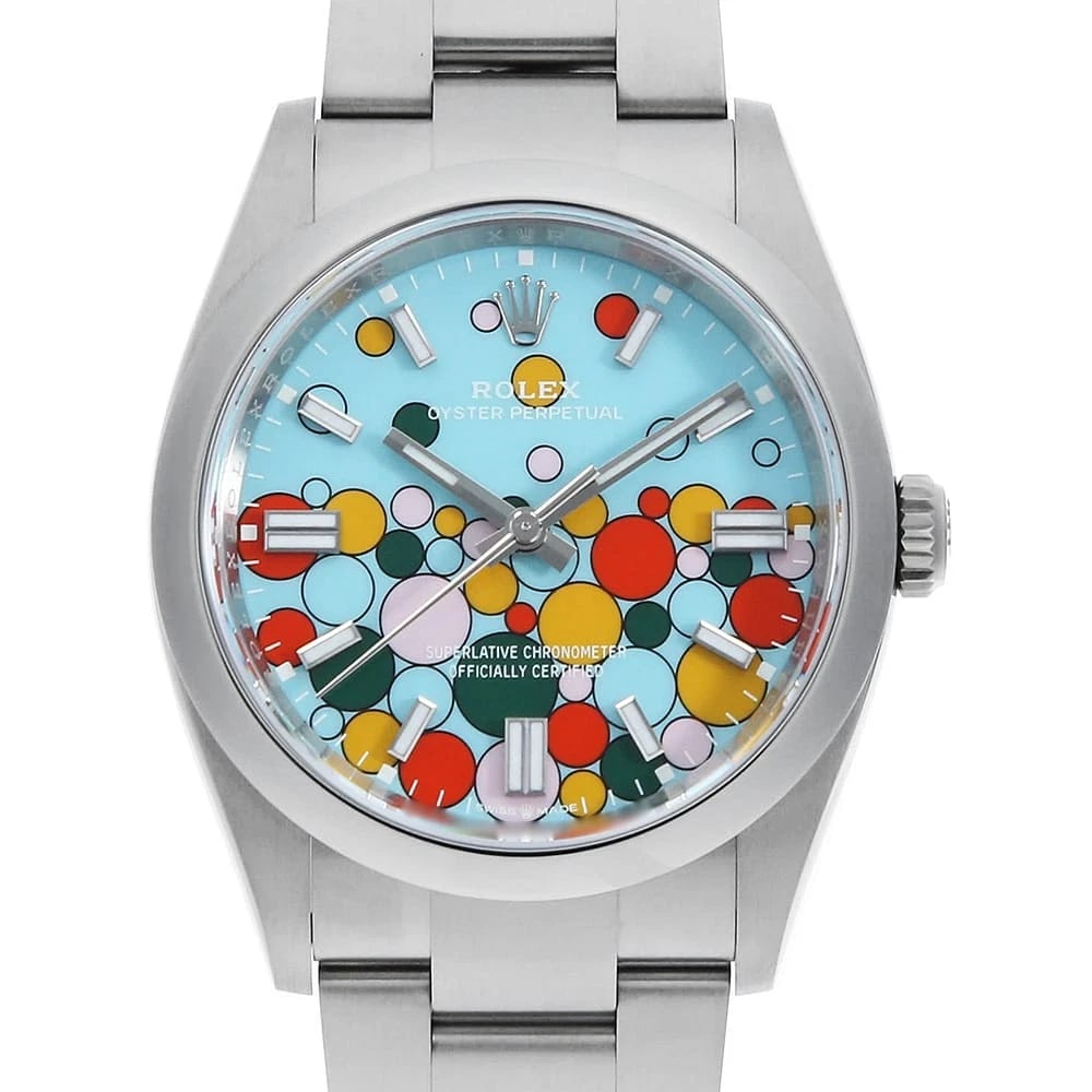ROLEX OYSTER PERPETUAL TURQUOISE BLUE WATCH: ROLEX Oyster Perpetual turquoise blue Watch Brand: ROLEX Type/Style: Wrist watch Material: Case Material Stainless Steel Belt Material Stainless Steel Color: Dial Color Turquoise Blue Size: