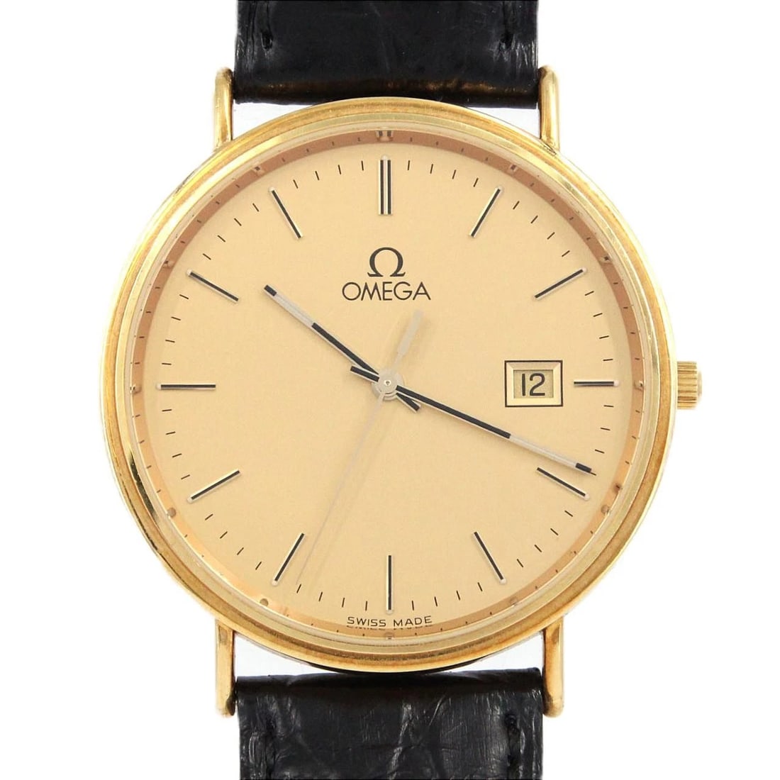 OMEGA ROUND CASE YG QUARTZ WATCH: Omega Round Case YG Quartz Watch Brand: OMEGA Type/Style: Wrist watch Material: Case: Yellow gold Bracelet: Strap Color: Dial Color: Gold Band Color: Black Size: Case diameter: Approx. 36mm