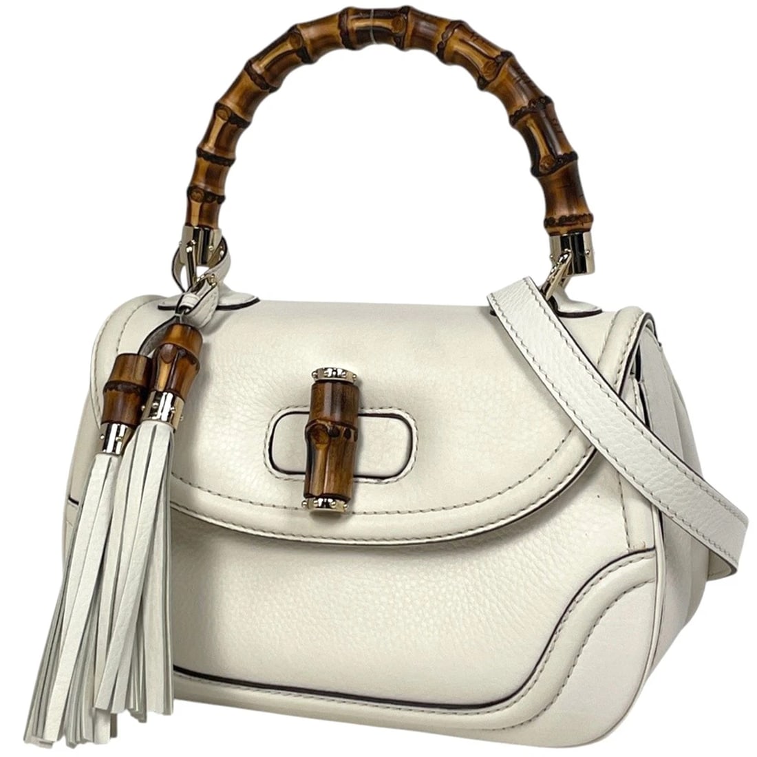 GUCCI NEW BAMBOO HAND BAG 2WAY SHOULDER BAG FRINGE HAND BAG: GUCCI New Bamboo Hand Bag 2WAY Shoulder Bag fringe Hand Bag Brand: GUCCI Type/Style: Hand Bag Material: leather Color: White Size: Width 25cm(9.8") Height 17cm(6.7") Depth 6cm(2.4") Accessories: N