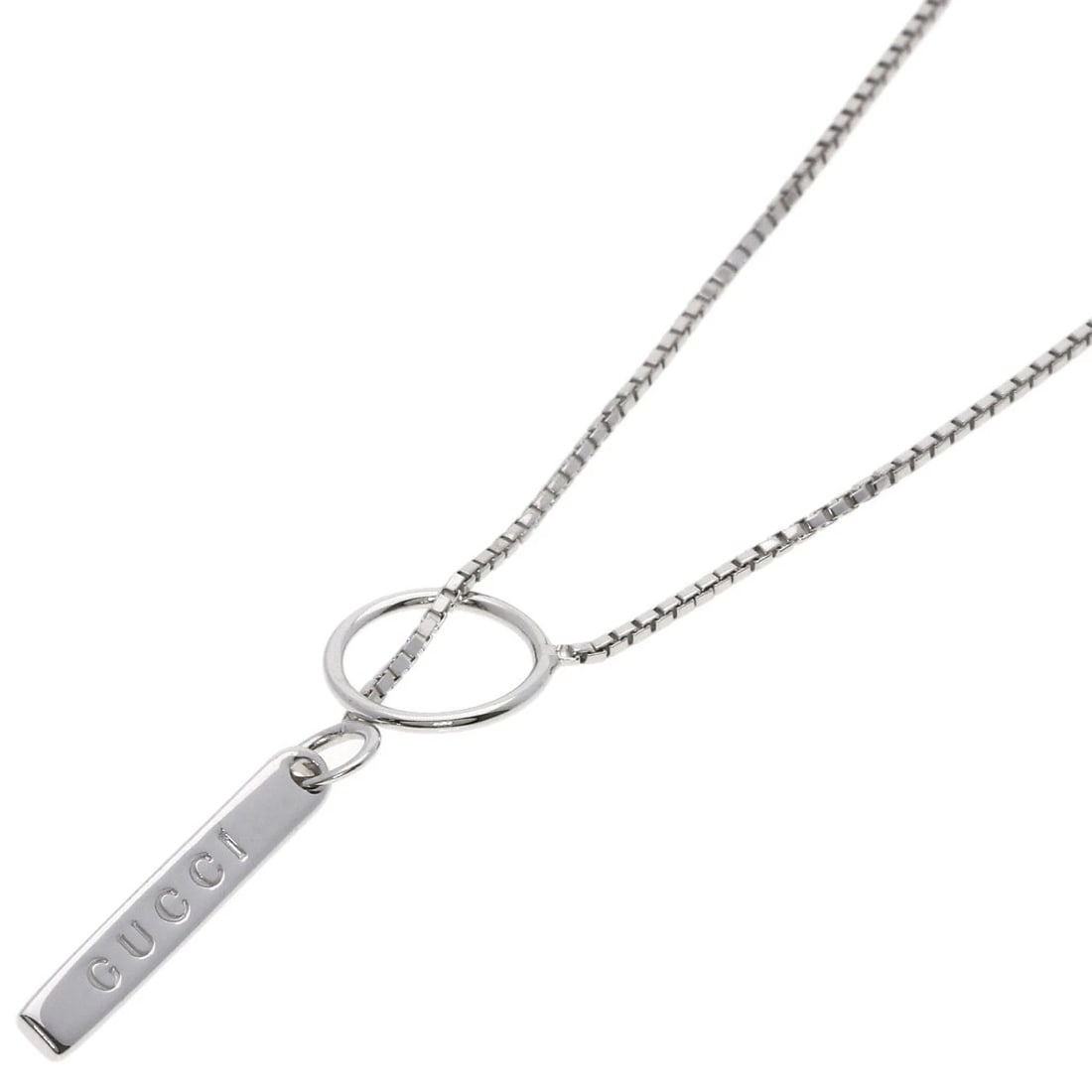 GUCCI LARIAT NECKLACE K18 WHITE GOLD: GUCCI lariat Necklace K18 White Gold Brand: GUCCI Type/Style: Necklace Material: K18 White Gold, Color: Silver Size: Chain Length:20.5inch/52cm Chain Width:0.4inch/1.1mm Top Size:0.8inch/19.7x3.1x1.4m