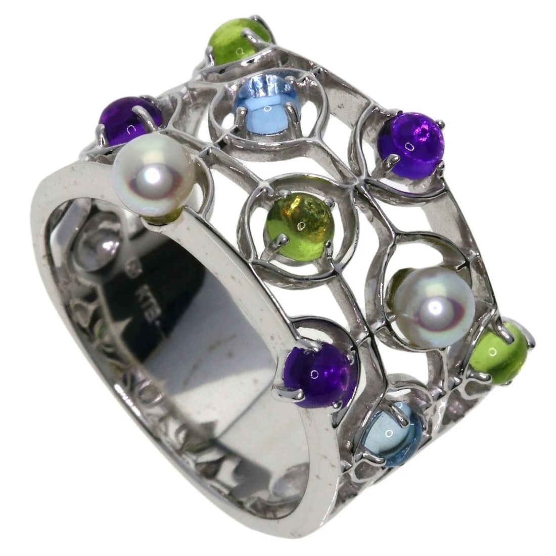 MIKIMOTO PEARL PEARL COLORED STONES RING: MIKIMOTO Pearl Pearl colored stones Ring Brand: MIKIMOTO Type/Style: Ring Material: K18 White Gold, Color: Silver Size: 6.5 (US) Accessories: None Accessories Notice: When purchasing pre-o