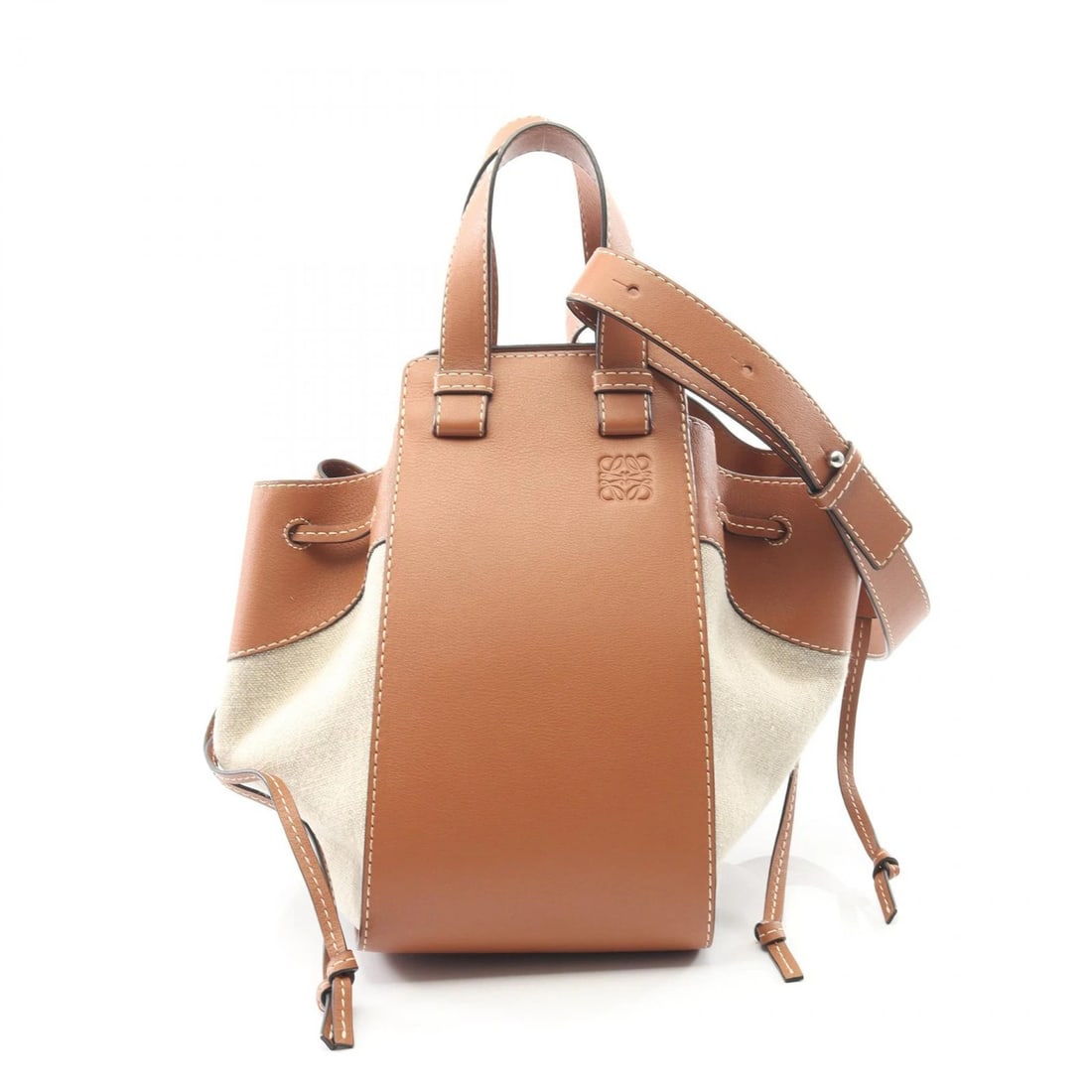LOEWE HAMMOCK DRAWSTRING M SHOULDER HANDBAG: LOEWE Hammock Drawstring M Shoulder Handbag Brand: LOEWE Type/Style: Handbag Material: leather ? canvas Color: Brown?ish colors ? Beige?ish colors Size: H:28cm x W:15cm x D:30cm (H:11.0" x W:5.9" x D: