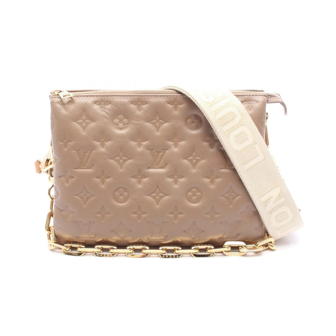 LOUIS VUITTON COUSSIN PM SHOULDER BAG: LOUIS VUITTON Coussin PM Shoulder Bag Brand: LOUIS VUITTON Type/Style: Shoulder Bag Material: leather Color: Beige?ish colors Size: H:20cm x W:27cm (H:7.9" x W:10.6") Accessories: None Acc