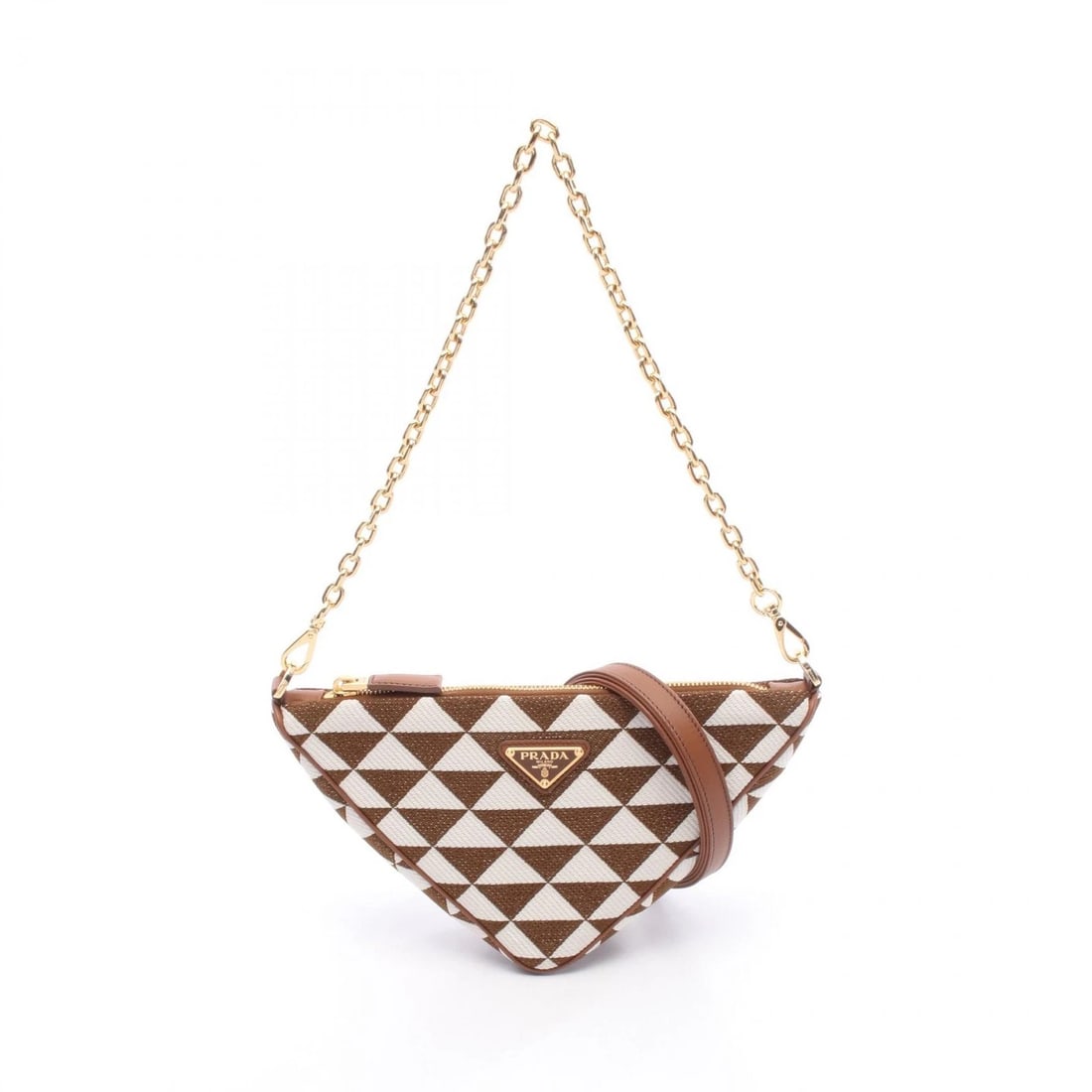 PRADA TRIANGLE 2WAY CHAIN SHOULDER BAG: PRADA Triangle 2way Chain Shoulder Bag Brand: PRADA Type/Style: Shoulder Bag Material: canvas ? leather Color: Brown?ish colors ? White?ish colors Size: H:14cm x W:26cm x D:6cm (H:5.5" x W:10.2" x D:2