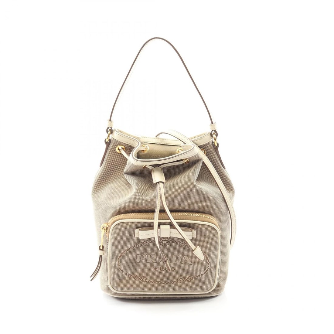 PRADA LOGO JACQUARD HANDBAG CANVAS: PRADA LOGO JACQUARD Handbag canvas Brand: PRADA Type/Style: Handbag Material: canvas ? leather Color: Beige?ish colors ? White?ish colors Size: H:23cm x W:18cm x D:11cm (H:9.1" x W:7.1" x D:4.3")