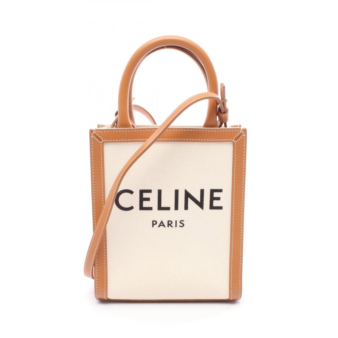 CELINE MINI VERTICAL CABAS 2WAY SHOULDER HANDBAG: CELINE Mini Vertical Cabas 2Way Shoulder Handbag Brand: CELINE Type/Style: Handbag Material: canvas ? leather Color: Beige?ish colors ? Brown?ish colors Size: H:20cm x W:17cm x D:5cm (H:7.9" x W:6.7"