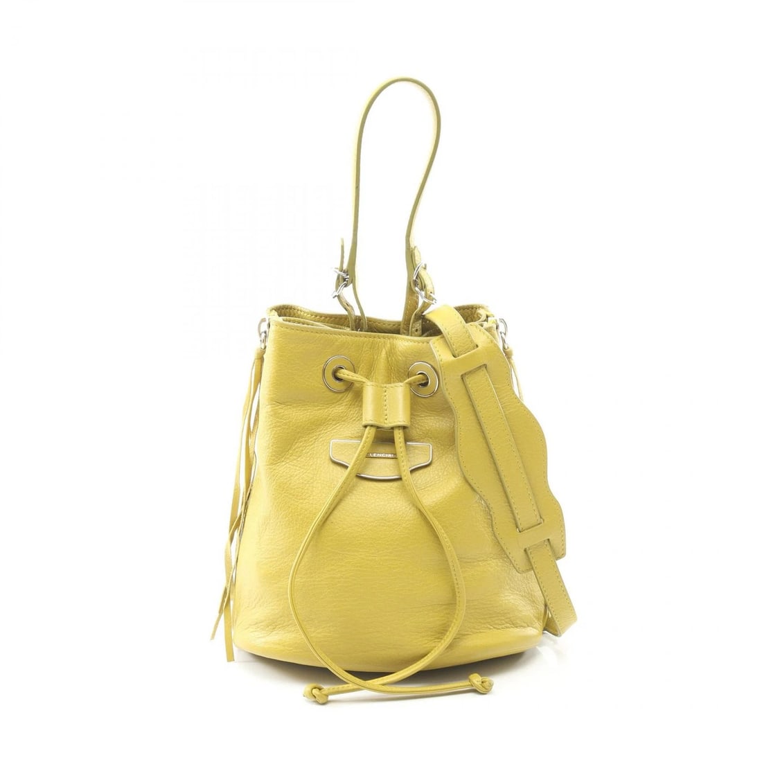 BALENCIAGA PAPER PLATE BUCKET CROSSBODY HANDBAG: BALENCIAGA Paper Plate Bucket Crossbody Handbag Brand: BALENCIAGA Type/Style: Handbag Material: leather Color: Yellow?ish colors Size: H:22cm x W:20.5cm x D:17cm (H:8.7" x W:8.1" x D:6.7")