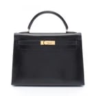HERMES KELLY 32 OUTSIDE STITCHED SHOULDER HANDBAG: HERMES Kelly 32 outside stitched shoulder Handbag Brand: HERMES Type/Style: Handbag Material: Box calf leather ? Calfskin (cowhide) Color: Noir Black / Black?ish colors Size: (H:9.1" x W:12.6" x D:4.7