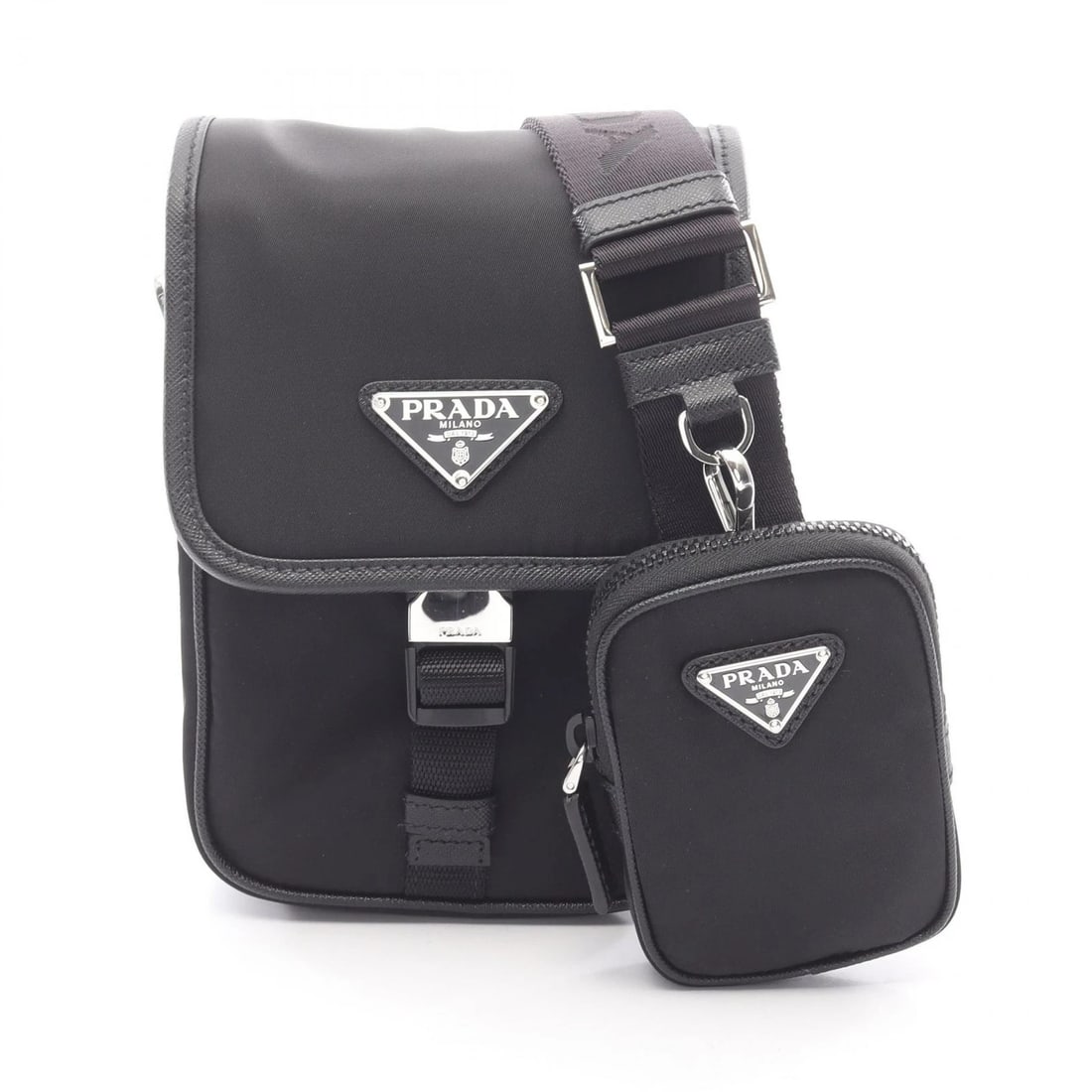 PRADA RE NYLON TESSUTO+SAFFIANO SHOULDER BAG: PRADA RE NYLON TESSUTO+SAFFIANO Shoulder Bag Brand: PRADA Type/Style: Shoulder Bag Material: Nylon ? Saffiano leather Color: Black?ish colors Size: (H:7.5" x W:4.9") Accessories: None Acce