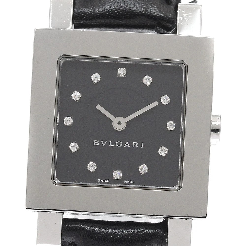 BVLGARI QUADLARD DIAMOND BLACK QUARTZ WATCH: BVLGARI Quadlard diamond black Quartz Watch Brand: BVLGARI Type/Style: Wristwatch Material: Band Material leather, Case Material Stainless Steel Color: Band Color black, Dial Color black, Case Color