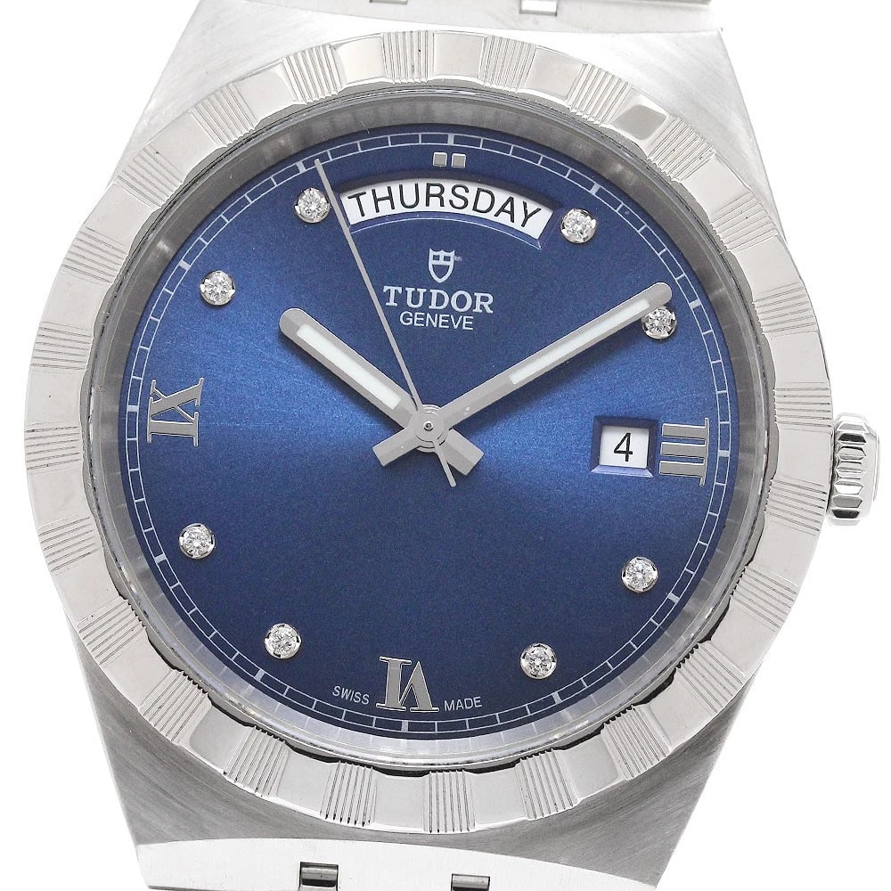 TUDOR ROYAL DATE NAVY AUTOMATIC WATCH: TUDOR Royal Date Navy Automatic Watch Brand: TUDOR Type/Style: Wristwatch Material: Band Material Stainless Steel, Case Material Stainless Steel Color: Band Color Silver, Dial Color Navy, Case Color S