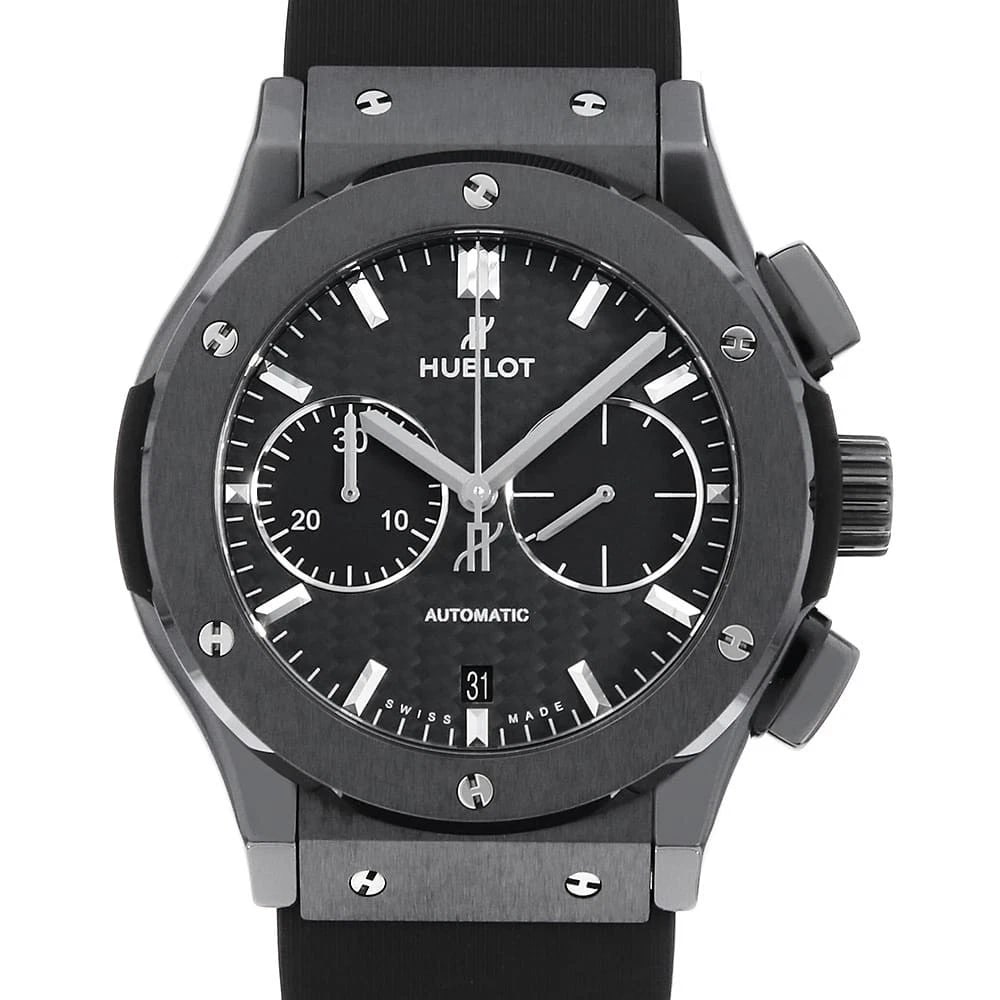 HUBLOT CLASSIC FUSION CHRONOGRAPH BLACK WATCH: HUBLOT Classic Fusion Chronograph Black Watch Brand: HUBLOT Type/Style: Wrist watch Material: Band Material rubber, Case Material Ceramic Color: Dial color Black Size: Case:W45mm Accessories: None
