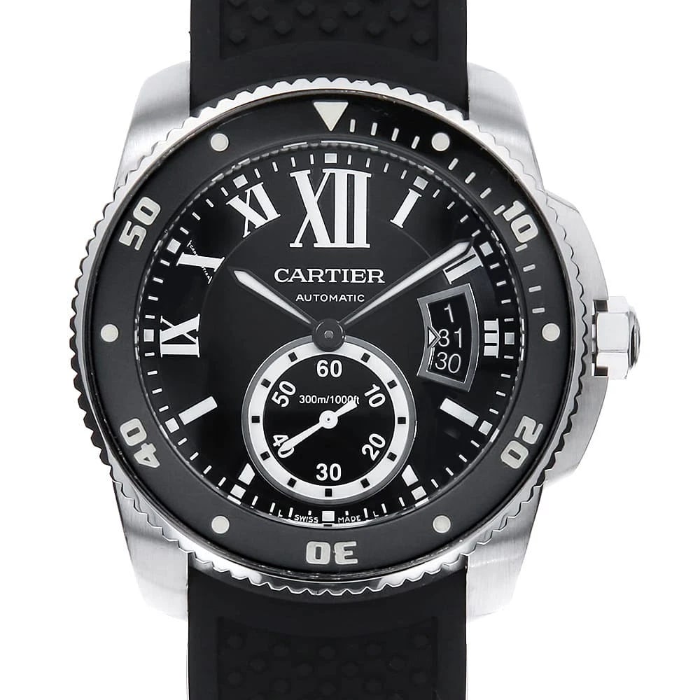 CARTIER CALIBUR DIVER WATCH: Cartier Calibur diver Watch Brand: Cartier Type/Style: Wrist watch Material: Band Material rubber, Case Material Stainless Steel Color: Dial color Black Size: Case:W42mm Accessories: None Accessories