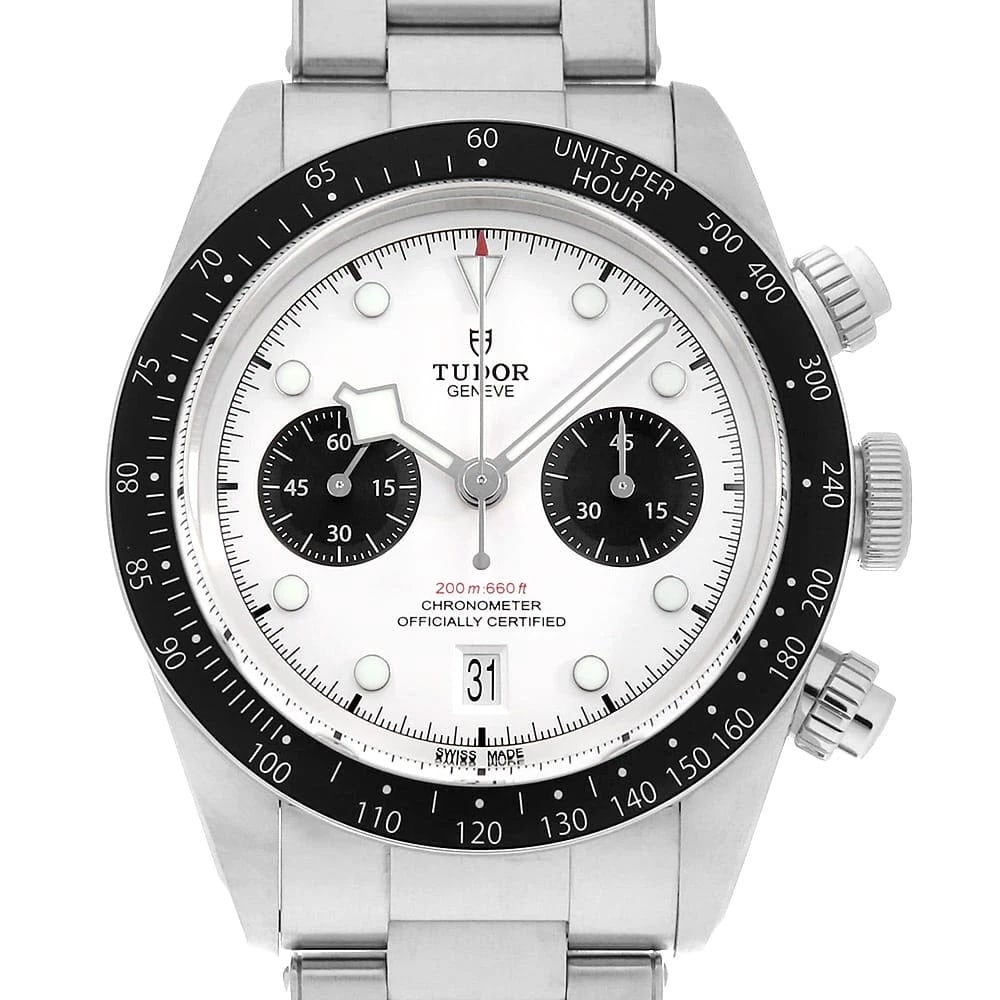 TUDOR BLACK CHRONO WATCH: TUDOR Black Chrono Watch Brand: TUDOR Type/Style: Wrist watch Material: Band Material Stainless Steel, Case Material Stainless Steel Color: Dial color White Size: Case:W41mm Circumference of