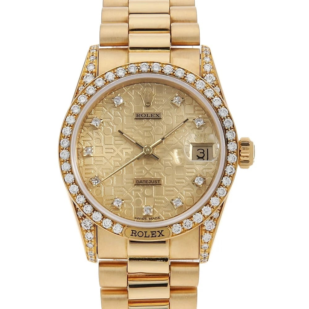 ROLEX DATEJUST DIAMOND BEZEL CHAMPAGNE WATCH: ROLEX Datejust diamond bezel Champagne Watch Brand: ROLEX Type/Style: Wrist watch Material: Band Material Yellow Gold, Case Material Yellow Gold Color: Dial color Champagne Gold Size: Case:W31mm