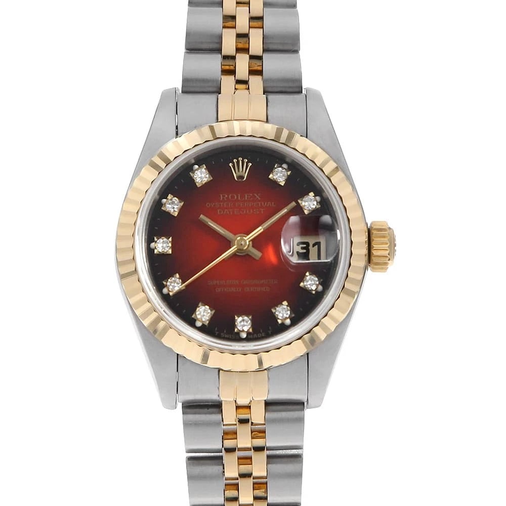 ROLEX DATEJUST DIAMOND RED CHERRY WATCH: ROLEX Datejust Diamond Red Cherry Watch Brand: ROLEX Type/Style: Wrist watch Material: Band Material Stainless Steel/Yellow Gold, Case Material Stainless Steel/Yellow Gold Color: Dial color Red Size: